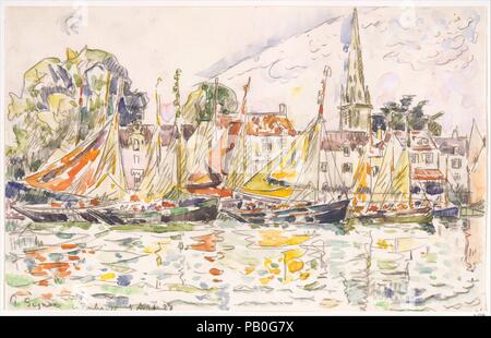 Le Pouliguen: Fischerboote. Artist: Paul Signac (Französisch, Paris 1863-1935 Paris). Abmessungen: 10 13/16 x 17 1/16-in. (27,5 x 43,3 cm). Datum: 1928. Obwohl Paul Signac nie Neo-Impressionist Grundsätze aufgegeben, fand er, dass der Aquarellmalerei eine willkommene Alternative zu den gearbeitet Anwendung des Neo-Impressionist Technik angeboten. Vor allem in späteren Jahren, Segeln das Wasser der Küste Frankreich verbracht, Signac entdeckt, dass ein Bleistift und ein Feld von Aquarellen ausreichend Werkzeuge waren die schillernde Häfen entlang der Weise aufzeichnen. Der Fischereihafen Le Pouliguen, an der südlichen Küste von Britt Stockfoto