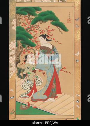 Kurtisane und Attendant im frühen Frühling. Artist: Kakondo (Japanisch, aktive 1716-36). Kultur: Japan. Abmessungen: Bild: 31 1/8 x 15 13/16-in. (79 × 40,2 cm) Insgesamt mit Montage: 51 3/16 x 19 5/16 in. (130 × 49 cm) Insgesamt mit den Knöpfen: 51 1/4 x 21 1/4 in. (130×54 cm). Datum: Anfang des 18. Jahrhunderts. Museum: Metropolitan Museum of Art, New York, USA. Stockfoto