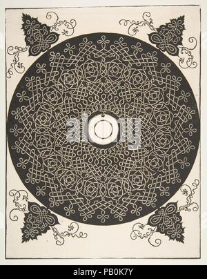 "Der vierte Knoten'. Interlaced Roundel mit einer runde Medaillon in der Mitte. Künstler: Albrecht Dürer (Deutsch, Nürnberg 1471-1528 Nürnberg); nach Leonardo da Vinci (Italienisch, Vinci 1452-1519 Amboise) (oder Workshop). Maße: Blatt: 10 3/4 x 8 3/8 in. (27,3 x 21,2 cm). Datum: 1521 vor. Stickmuster, die aus so genannten Knotenarbeit. Die wichtigsten Muster hat eine runde Form und ist in Weiß auf einem dunklen Boden vorgestellt. Die geknotete Seile oder Gurte in verschiedenen Mustern angeordneten vier Stufen, die das zentrale Motiv, das ist eine Leere, rundes Medaillon zu bilden. Auf den vier äußeren Corne Stockfoto