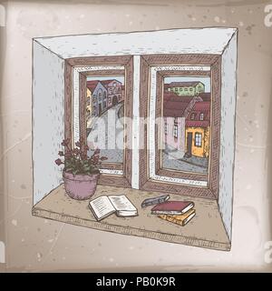 Romantische vintage Karte mit Büchern über die fensterbank Farbe Skizze. Stock Vektor