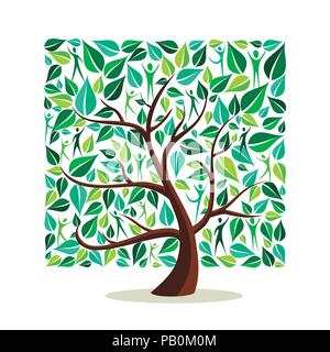 Baum aus grünen Blättern mit Menschen in quadratische Form. Natur Konzept, Community Hilfe oder Pflege Kampagne. EPS 10 Vektor. Stock Vektor