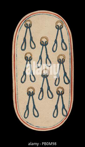 8 der Schlingen, aus den Kreuzgängen Karten spielen. Kultur: Süden Niederländischen. Abmessungen: 5 3/16 x 2 3/4 in. (13,2 x 7 cm). Datum: Ca. 1475-80. Die Klöster von zweiundfünfzig Karten stellt die einzige bekannte ganzes Deck von beleuchteten gewöhnlichen Spielkarten (im Gegensatz zu tarot Karten) aus dem 15. Jahrhundert. Es gibt vier Farben, die jeweils aus einem König, Dame, Bube und Zehn Zahlenkarten. Die Farbzeichen, an Geräten mit der Jagd verbunden, sind Jagdhörner, Hundehalsbänder, hound Anbindehaltung, Spiel und Schlingen. Der Wert des PIP-Karten ist durch entsprechende Wiederholungen der Su angezeigt Stockfoto