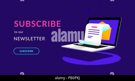 Abonnieren Sie unseren Newsletter flachbild Vektor neon Illustration für ui ux Web Design mit Text und Knopf. Isometrische Laptop mit Newsletter in offenen Umschlag Stock Vektor