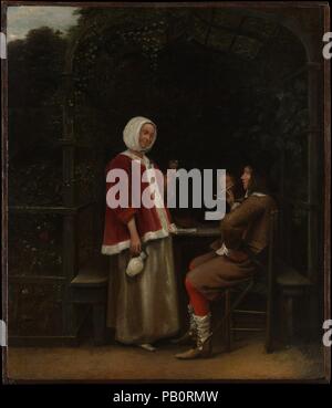 Eine Frau und zwei Männer in einer Laube. Künstler: Pieter de Hooch (Niederländisch, Rotterdam 1629-1684 Amsterdam). Abmessungen: Insgesamt 17 3/8 x 14 3/4 in. (44,1 x 37,5 cm); Oberfläche lackiert 17 x 14 3/8 in. (43,2 x 36,5 cm). Datum: Ca. 1657-58. Museum: Metropolitan Museum of Art, New York, USA. Stockfoto