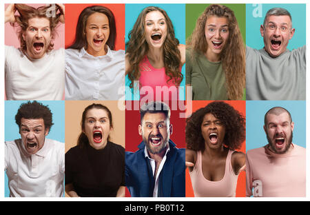 Wütende Menschen schreien. Die Collage verschiedener menschlicher Mimik, Emotionen und Gefühle von jungen Männern und Frauen. Stockfoto