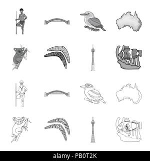 Koala auf Bambus, Boomerang, Sydney Tower, Fisch clown und Ammonium. Australien set Sammlung Symbole in der Gliederungsansicht, Schwarzweiß-Stil vektor Symbol lieferbar Illus Stock Vektor