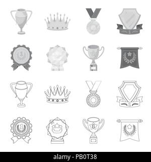 Eine olympische Medaille für den ersten Platz, eine Kristallkugel, eine goldene Schale auf einem Ständer, einem roten Anhänger. Auszeichnungen und Trophäen set Sammlung Icons in Grenzen, monochr Stock Vektor