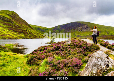 Eine Fotografin nimmt ein Bild von Loch Skeen in Dumfries und Galloway, Schottland, Großbritannien. Stockfoto