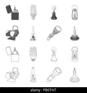 Suchscheinwerfer, Petroleum Lampe, Kerze, Taschenlampe. Lichtquelle Sammlung Icons in Grenzen gesetzt, Schwarzweiß-Stil vektor Symbol lieferbar Abbildung. Stock Vektor