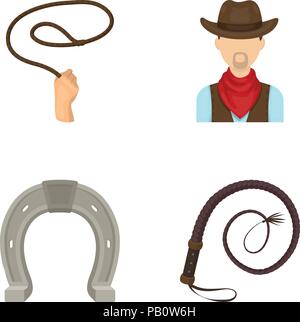 Hand Lasso, Cowboy, Hufeisen, Peitsche. Rodeo set Sammlung Icons im Comic-stil Vektor Symbol lieferbar Abbildung. Stock Vektor