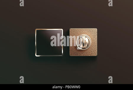 Leere gold Emaille pin schwarz Mock up, Vorder- und Rückseite anzeigen, 3D-Rendering. Leere Luxus hart Revers Abzeichen mockup. Goldene Spange-design Vorlage. M Stockfoto