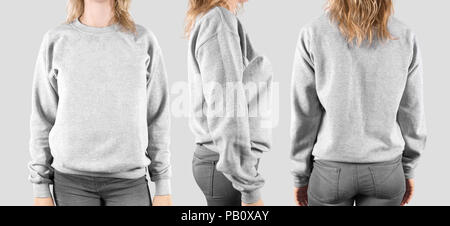 Leer sweatshirt Mock up, vorn, hinten und Profil, isoliert. Frauen tragen plain Hoodie mockup. Hoody design Präsentation. Klar lose Modell. Jumper für Stockfoto