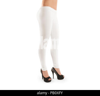 Frau tragen weiße Leere leggings Mockup, isoliert, freistellungspfaden. Frauen in leggins Vorlage. Tuch Hosen design Präsentation. Sport Hosen st Stockfoto