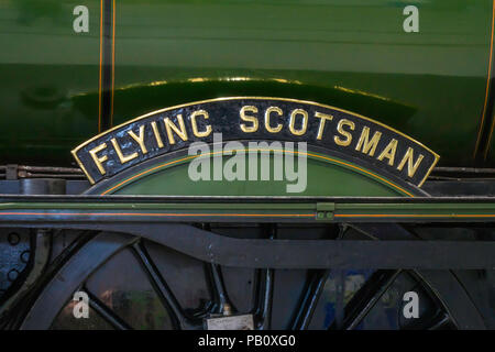 Typenschild des Ex-Lner Klasse A3 Express Passagier Dampflok Flying Scotsman auf Anzeige an Fortbewegung National Railway Museum Shildon Stockfoto