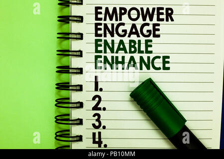 Handschrift text Stärken aktivieren Aktivieren. Konzept bedeutet Empowerment Leadership Motivation Engagement Buchstaben und Zahlen auf notepad Geschrieben la Stockfoto