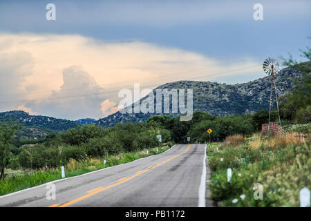 Molino de viento, Montaña y Flores de Primavera y Verano en el Municipio de Nacozari Sonora y sus Alrededores. Carretera a Esqueda Sonora, Fronteras Stockfoto