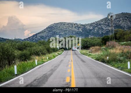 Molino de viento, Montaña y Flores de Primavera y Verano en el Municipio de Nacozari Sonora y sus Alrededores. Carretera a Esqueda Sonora, Fronteras Stockfoto