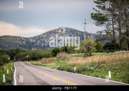 Molino de viento, Montaña y Flores de Primavera y Verano en el Municipio de Nacozari Sonora y sus Alrededores. Carretera a Esqueda Sonora, Fronteras Stockfoto