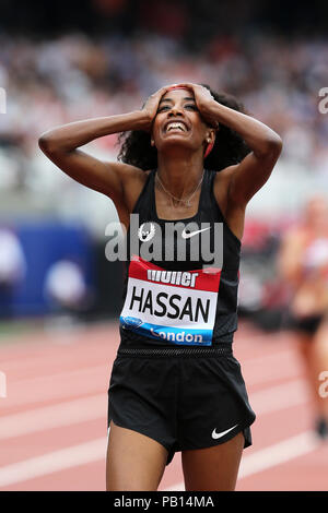 Sifan HASSAN (Niederlande, Holland) feiern Sieg im Millicent Fawcett Meile Finale bei den 2018, IAAF Diamond League, Jubiläum Spiele, Queen Elizabeth Olympic Park, Stratford, London, UK. Stockfoto