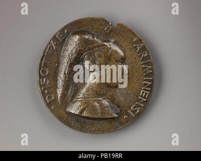 Medaille: Isotta Degli Atti. Artist: Matteo de'Pasti (Italienisch, Verona Ca. 1420 - Nach 1467 Rimini). Abmessungen: Durchm. 8,4 cm, Wt. 226.8 g .. Datum: Modell, Ca. 1453-55 (möglicherweise aus dem 19. Jahrhundert). Eine italienische Medaillenträger, Architekt, Maler und Strahler, Matteo de Pasti am Hof von Rimini von 1449, in dem er auf den Bau und die Dekoration von zwei großen totentempel Kapellen (1447 âEUR" c. arbeitete residierte 1452) für Sigismondo Pandolfo Malatesta, Herr von Rimini, und Isotta degli Atti (seine Geliebte und dann dritte Frau) in S Francesco (bekannt als die Tempio Malatestiano). Wie Pisanello, wer produziert hatte, Stockfoto