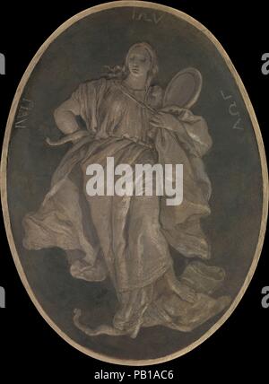 Die Vorsicht. Artist: Workshop von Giovanni Battista Tiepolo (Italienisch, Venedig, Madrid, 1696-1770). Maße: Oval, 49 1/8 x 36 1/4 in. (124,8 x 92,1 cm). Datum: 1760. Dieses freistehende Fresco ist aus einer Reihe von vier ovale, von Tiepolo gestaltet wurden und durch seine Werkstatt für die Dekoration von den Ecken der Decke im Palazzo Valle-Marchesini-Sala in Vicenza gemalt. Die Attribute der Spiegel und die Schlange identifizieren die allegorische Figur als Vertreter der Klugheit. Museum: Metropolitan Museum of Art, New York, USA. Stockfoto