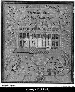 Bestickte Sampler. Kultur: Britische. Abmessungen: 17 1/2 x 15 in. (44,5 x 38,1 cm). Datum: 1777. Diese ungewöhnliche Britische Sampler ist ein Vorläufer zu den Amerikanischen architektonische Proben. Es verfügt über Inigo Jones's Queens House in Greenwich, England, und Exponate dicht gedrängten Stiche in komplizierten Mustern, die Dimension der rustiziert Wand geben, die entablatures, und der Stein Portikus. Die strengen geradlinige Rendering des Hauses steht im Gegensatz zu den chaotischen Treiben der Wagen auf dem Vorplatz. Museum: Metropolitan Museum of Art, New York, USA. Stockfoto
