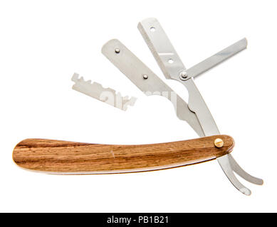 Ein Rasiermesser mit einem Holzgriff eröffnet die Klinge auf einem isolierten Hintergrund zu ersetzen. Stockfoto