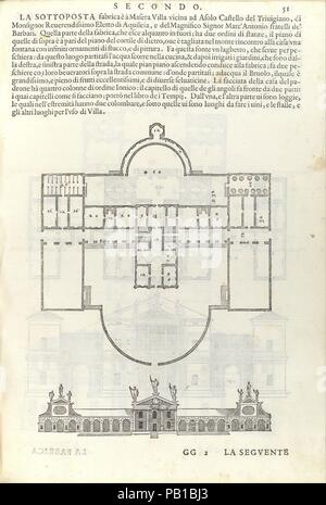 Villa Barbaro, von I Quattro libri dell'Architettura di Andrea Palladio (Buch 2, Seite 51). Autor: Andrea Palladio (Italienisch, Padua, Vicenza) 1508-1580. Dedicatee: Giacomo Angarano (Italienisch); gewidmet, Emanuele Filiberto (Italienisch, 1528-1580). Maße: 11 cm. X 8 1/4 in. X 1 in. (29,5 × 21 × 2,5 cm) Blatt: 11 5/16 x 7 11/16 in. (28,8 x 19,5 cm). Illustrator: Christoph Krieger (Deutsch, geboren in Nürnberg, starb in Venedig, Ca. 1590); Johann Chrieger (Deutsch, Aktiv 16. Jahrhundert). Erschienen in: Venedig. Herausgeber: Dominico de Franceschi (Italienisch, aktive 1557-86). Datum: 1570. Eine der Pallad Stockfoto