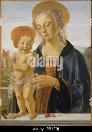 Madonna und Kind. Artist: Workshop von Andrea Del Verrocchio (Italienisch, Florenz 1435-1488 Venedig). Abmessungen: 26 x 19 in. (66 x 48,3 cm). Datum: Ca. 1470. Verrocchio, ein großer Bildhauer, Maler und Zeichner lief die renommiertesten Workshop im letzten Drittel des 15. Jahrhunderts in Florenz. (Botticelli und die jungen Leonardo waren unter denen, die mit dem Fertigungsauftrag verknüpft sind.) Dieses Bild ist von feiner Qualität und basiert auf einem Entwurf von Verrocchio. Es stammt von 1470. Obwohl die linke Seite des Gesichts des Madonna stark beschädigt ist, Passagen wie der Kopf des Kindes vermitteln die ursprüngliche Qualität der t Stockfoto