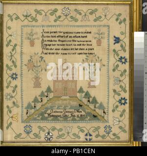 Bestickte Sampler. Kultur: American. Abmessungen: 16 1/2 x 15 1/2 in. (41,9 x 39,4 cm). Schöpfer: Catherine Cassady. Datum: 1814. Museum: Metropolitan Museum of Art, New York, USA. Stockfoto