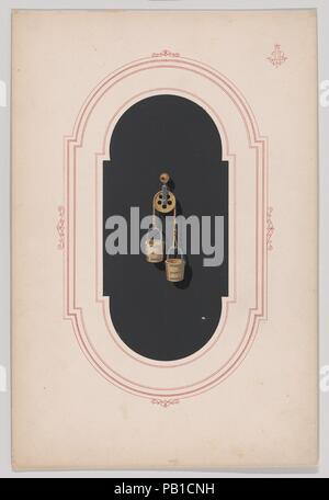 Design für einen goldenen Ohrring mit zwei Eimer und Riemenscheibe. Künstler: Anonym, Französisch, 19. Maße: Blatt: 9 5/16 x 6 1/4 in. (23,6 × 15,8 cm). Datum: Ca. 1870-1900. Zeichnung mit einem Design für einen goldenen Ohrring mit zwei wassereimer Motive, die Teil einer Sammlung von 85 Zeichnungen mit figurativen Designs für Ohrringe, Broschen, Anhänger und andere Schmuckstücke, möglicherweise Echten, mit Graphit und gouache erstellt und mit Gold innen Lithographie Frames erhöht. Diese Designs sind alle charakteristisch für den Zeitraum zwischen 1870 und 1900, als Schmuck Design sah ein großes Maß an Innovation und Stockfoto