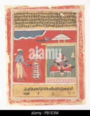 Von Radha Freund bittet, mit ihr zu erhalten, Krishna: Seite aus einem verteilten Rasikapriya. Kultur: Indien (Madhya Pradesh, Malwa). Abmessungen: 7 3/4 x 6 in. (19,7 x 15,2 cm). Datum: 1634. Ansätze von Radha Krishna Pavillon, nachdem ihr Freund als Vermittler zu fungieren. Die vertrauter erzählt, wie die Pfauen Schrei in Zorn an der Radha schmollen lustfulness und wie die Wolken erklingen mag Schlagzeug von vergnügen, während Sie in der Stille Bünde. Die Seiten dieses Manuskript, datiert auf 1634, zeigen weibliche Figuren tragen gestreifte Kleidung, während die männlichen Protagonisten aus dieser Gruppe haben oft schier Musselin äußeren Stockfoto