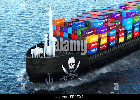 Frachter Schiff mit Piraterie, Schmuggel Cargo Container Segeln im Ozean, 3D-Rendering Stockfoto