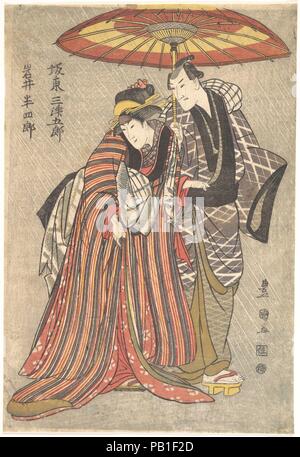 Kabuki Schauspieler: Mitsugoro Bando und Iwai Hanshiro. Artist: Utagawa Toyokuni I (Japanisch, 1769-1825). Kultur: Japan. Abmessungen: 15 1/8 x 10 1/4 in. (38,4 x 26 cm). Datum: Ca. 1800. Toyokuni verschiedenen Abbildung Vereinbarungen Beschäftigte - einen einzigen Schauspieler, oder zwei Akteure dargestellt stehen oder von der Taille. Hier, zwei Schauspieler besetzen fast das gesamte Blatt, welches in theatralischen Toyokuni prints selten ist. Die Schauspieler, Mitsugoro Bando in eine männliche Rolle und Iwai Hanshiro in einer weiblichen Rolle, eng zusammenstehen unter einem großen Sonnenschirm, dominieren die kleinen Raum. Die abgerundeten, fast überhängend obere rechte Ecke der c Stockfoto