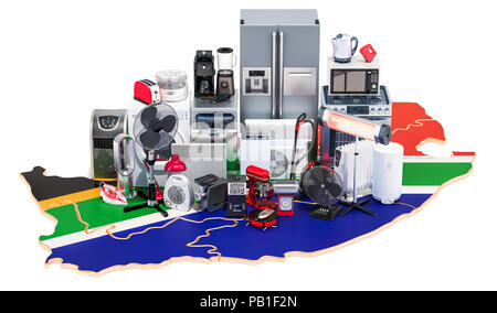 Karte von Südafrika mit Haus- und Küchengeräte, 3D-Rendering auf schwarzem Hintergrund Stockfoto