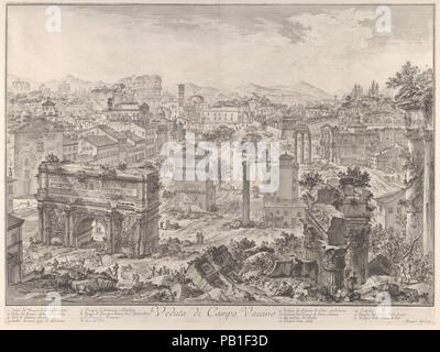 Das Forum Romanum, oder den Campo Vaccino, vom Capitol, mit der Triumphbogen des Septimus Severus im Vordergrund links, Tempel von Vespian rechts und das Kolosseum in der Ferne (Veduta di Campo Vaccino). Artist: Giovanni Battista Piranesi (Italienisch, Mogliano Veneto Rom 1720-1778). Serie/Portfolio: Vedute di Roma (Aussicht auf Rom). Datum: Ca. 1775. Artwork auch als: VEDUTE DI ROMA bekannt. Museum: Metropolitan Museum of Art, New York, USA. Stockfoto