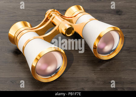 Operngläser, Theater Fernglas auf dem Holztisch. 3D-Rendering Stockfoto