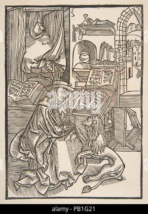 Der heilige Hieronymus, der sich einen Dorn aus der Fuß des Löwen, Lyon 1508 (Kopie). Artist: Nach Albrecht Dürer (Deutsch, Nürnberg 1471-1528 Nürnberg). Abmessungen: Block: 7 11/16 x 5 1/2 in. (19,6 x 14 cm) Blatt: 12 13/16 x 8 5/8 in. (32,6 × 21,9 cm). Datum: n. d.. Museum: Metropolitan Museum of Art, New York, USA. Stockfoto