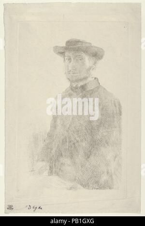 Selbstportrait. Künstler: Edgar Degas (Französisch, Paris 1834-1917 Paris). Abmessungen: Platte: 9 1/16 x 5 11/16 in. (23 x 14,4 cm) Blatt: 10 11/16 x 7 in. (27,2 x 17,8 cm). Sitter: Portrait von Edgar Degas (Französisch, Paris 1834-1917 Paris). Datum: 1857. Von Degas frühe Studie von Druckgrafik führte ihn zu einer genauen Untersuchung von Rembrandts geätzt Porträts, darunter ihre Verschiebungen zwischen mehr und weniger fertige Kompositionen. Dieses außergewöhnlich seltene erste Zustand des Selbst des Künstlers 1857 - Portrait ist ein vergängliches Qualität, ein Effekt, der durch das vollständige Fehlen von Ende in die Hände des sitter und der d verstärkt wird Stockfoto