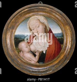 Jungfrau und Kind. Artist: Hans Memling (Niederländischen, Seligenstadt, aktiv von 1465 - gestorben 1494 Brügge). Maße: Gesamt, mit integrierter Rahmen, Durchmesser 9 cm. (24,8 cm); Oberfläche lackiert Durchmesser 6 7/8 in. (17,5 cm). Datum: Ca. 1475-80. Die Zusammensetzung dieses kleinen roundel der Jungfrau saugen das Christkind war sehr beliebt: Es stammt aus einer Zusammensetzung von Robert Campin, die durch Werkstatt Muster verbreitet war. Memling bereichert den Prototyp durch Hinzufügen einer ausgedehnten bewaldeten Landschaft. Roundels wie diese waren oft über die Köpfe der Betten, wo sie als Segen über Hung Stockfoto