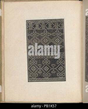 Trionfo di Virtu. Libro Novo..., Seite 6 (verso). Abmessungen: Insgesamt: 9 13/16 x 7 7/8 in. (25 x 20 cm). Herausgeber: Matteo Pagano (Italienisch, 1515-1588), Venedig. Datum: 1563. Von Matteo Pagano, Italienisch, 1515-1588, Venedig veröffentlicht. Von oben nach unten und von links nach rechts: Design aus 4 horizontalen Registern, die am oberen und unteren Rand durch einen Rahmen mit 2 überlappende im Zickzack Linien umrahmt sind. Registrieren Sie sich zuerst ist mit einem Muster von ein paar seitlich Blumen, die sich durch ihren Stielen Verbindung eingerichtet. Zweites Register ist mit einem Muster von Diamanten, die haben eine Gruppe eingerichtet Stockfoto