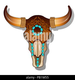 Reich verzierte Kuh Schädel mit Türkis Edelsteine. Vektor cartoon Close-up Abbildung. Stock Vektor