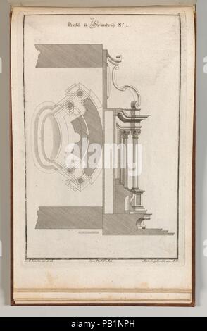 Grundriss und Seitenansicht eines Altars, Platte (2) von "Unterschiedliche Neu Inventierte Altäre mit darzu gehörigen Profillen U. Grundrißen.". Artist: Johann Michael Leüchte (Deutsch, aktive Augsburg, gestorben 1759). Abmessungen: Insgesamt: 8 7/16 x 13 3/4 in. (21,5 × 35 cm). Herausgeber: Martin Engelbrecht (Deutsch, Augsburg 1684-1756 Augsburg). Datum: gedruckt werden kann. 1750-56. Ornament drucken Mit dem Grundriss und Seitenansicht der Altar in der vorherigen Ausdrucken (Altar in einer späten Barockstil mit Statuen von Katharina von Siena und die hl. Dominicus). Dieser Druck wird in ein Album mit Serie 27 w gebunden Stockfoto