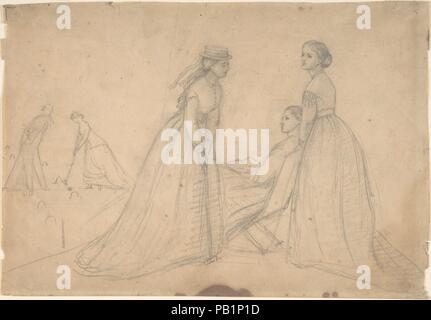 Drei Frauen im Gespräch neben einem krocket Feld (recto); Studien einer Balletttänzerin, einer Frau Profil und eine sitzende Frau (verso). Artist: Louisa Starr Canziani (Briten, London 1845-1909 London). Maße: Blatt: 6 7/8 x 10 in. (17,5 x 25,4 cm). Datum: Ca. 1865. Die Kostüme auf diesem Blatt dargestellt vorschlagen die Zeichnung um 1865 gemacht wurde, und eine Inschrift auf der Rückseite erkennt der Künstler wie Louis Starr. Ein Pionier in ihrem Beruf, sie gewann einen Platz an der Royal Academy Schulen auf 16, indem Sie Zeichnungen unterzeichnet "L. Starr' ihr Geschlecht zu verschleiern. Als mir gesagt wurde, dass die Verfassung für Stockfoto