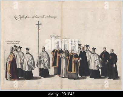 Platte13: Mitglieder des Klerus in der trauerzug von Erzherzog Albert von Österreich marschieren; von "pompa Malesso... Alberti Pae". Künstler: Cornelis Galle I (Niederländischen, Antwerpen Antwerpen 1576-1650); Nach Jacques Francquart (Französisch, Brüssel 1577-1651 Brüssel). Maße: Blatt: 11 1/4 x 15 1/4 in. (28,4 × 38,8 cm) Platte: 9 1/2 x 14 11/16 in. (24,1 × 37,3 cm). Erschienen in: Brüssel. Datum: 1623. Die Platte von der "pompa Malesso... Alberti Pae", nach Jacques Francquart, zur Veranschaulichung der Trauerzug von Albert Fromme (1559-1621), Erzherzog von Österreich, Sohn von Kaiser Maximilian II. Stockfoto