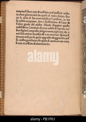 Convivio delle Belle Donne, Seite 2 (verso). Designer: Holzschnitt Grenze auf Titel unterzeichnet von Matteo da Treviso (Italienisch, Aktiv 16. Jahrhundert). Maße: Gesamt: 7 7/8 x 5 1/2 in. (20 x 14 cm). Erschienen in: Venedig. Herausgeber: Nicolò Zoppino (Italienisch, Ferrara 1478/80-1544 Venedig), Venedig. Datum: August 1532. Von Nicolo Zoppino, Italienisch, Aktive aus dem 16. Jahrhundert, Venedig, entworfen von Matteo da Treviso, Italienisch, Aktiv 16. Jahrhundert veröffentlicht. Engagement Seite fortgesetzt. Museum: Metropolitan Museum of Art, New York, USA. Stockfoto