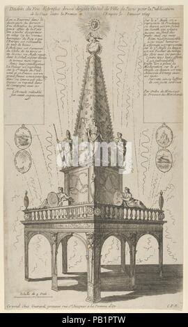 Feuerwerk feiern den Frieden zwischen Frankreich und dem Reich, Januar 1698. Künstler: Anonym, Französisch, 17. Abmessungen: Blatt (getrimmte): 13 9/16 in. X 8 in. (34,5 × 20,3 cm). Datum: 1698. Der Vertrag von Rijswijk wurde am 20. September unterzeichnet, 1697 der Krieg der Liga von Augsburg ending, das Frankreich gegen England, Spanien und den Heiligen Römischen Reiches bildete. Das Feuerwerk Feier hier dargestellt im Januar nahm von 1698 statt. Museum: Metropolitan Museum of Art, New York, USA. Stockfoto