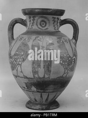 Terrakotta Neck-Amphora (Storage jar). Kultur: Griechisch, Euboean. Abmessungen: H: 12 cm. (31,4 cm). Datum: Ca. 560 v. Chr.. Auf der einen Seite, zwei Männer stehen zwischen Hähne; man hält ein kerykeion, einem Mitarbeiter der in einer caduceus, die ihn so identifiziert, als offizieller Verkünder oder Beauftragten von einer griechischen Stadt an ein anderes gesendet. Auf der anderen Seite, ein verkünder steht zwischen Sirenen. Museum: Metropolitan Museum of Art, New York, USA. Stockfoto