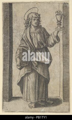 Saint John, buchen Sie im rechten Kelch in der Linken, aus der Serie "piccoli Santi" (kleine Heiligen). Artist: Marcantonio Raimondi (Italienisch, Argini (?) Ca. 1480 - vor 1534 Bologna (?)); Nach Raphael (Raffaello Sanzio oder Santi) (Italienisch, Urbino 1483-1520 Rom). Abmessungen: 3 5/16 x 2 in. (8,4 x 5,1 cm). Datum: Ca. 1500-1527. Museum: Metropolitan Museum of Art, New York, USA. Stockfoto