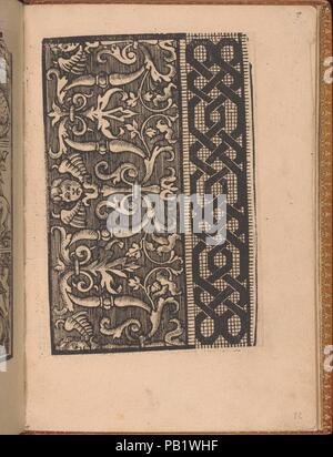 Convivio delle Belle Donne, Seite 12 (recto). Designer: Holzschnitt Grenze auf Titel unterzeichnet von Matteo da Treviso (Italienisch, Aktiv 16. Jahrhundert). Maße: Gesamt: 7 7/8 x 5 1/2 in. (20 x 14 cm). Erschienen in: Venedig. Herausgeber: Nicolò Zoppino (Italienisch, Ferrara 1478/80-1544 Venedig), Venedig. Datum: August 1532. Von Nicolo Zoppino, Italienisch, Aktive aus dem 16. Jahrhundert, Venedig, entworfen von Matteo da Treviso, Italienisch, Aktiv 16. Jahrhundert veröffentlicht. Von oben nach unten und von links nach rechts: Design besteht aus 2 Spalten. Linke Spalte ist breiter und ist mit geschwungenen Reben zwischen verschiedenen decorat eingerichtet Stockfoto